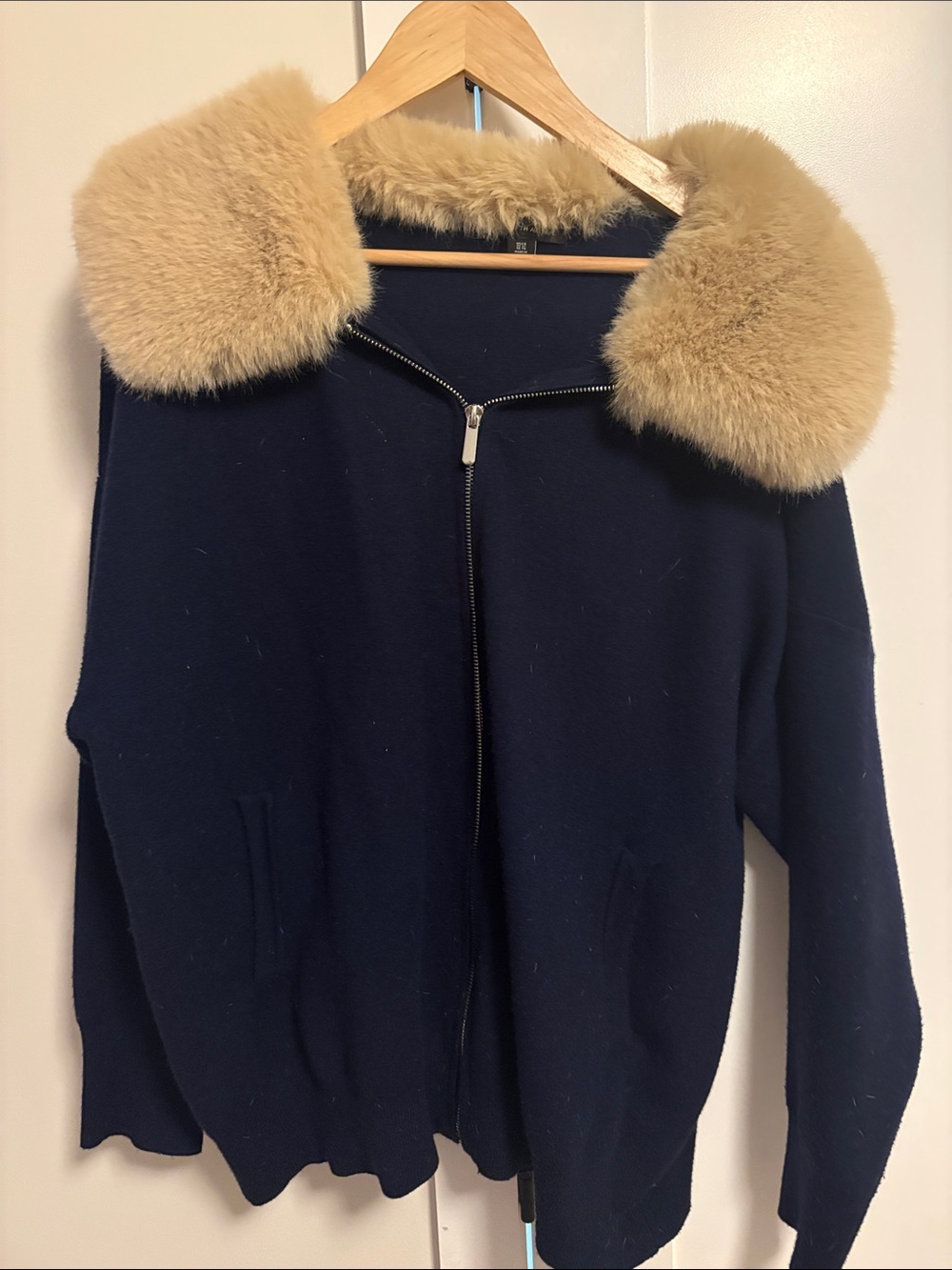 Saks Fifth Avenue Navy Zip Cardigan with Tan Faux-Fur Collar
